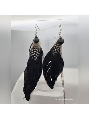 ✨2/$10✨ Handmade Asymmetrical Long Black Feather Earrings Metal Leaf Boho